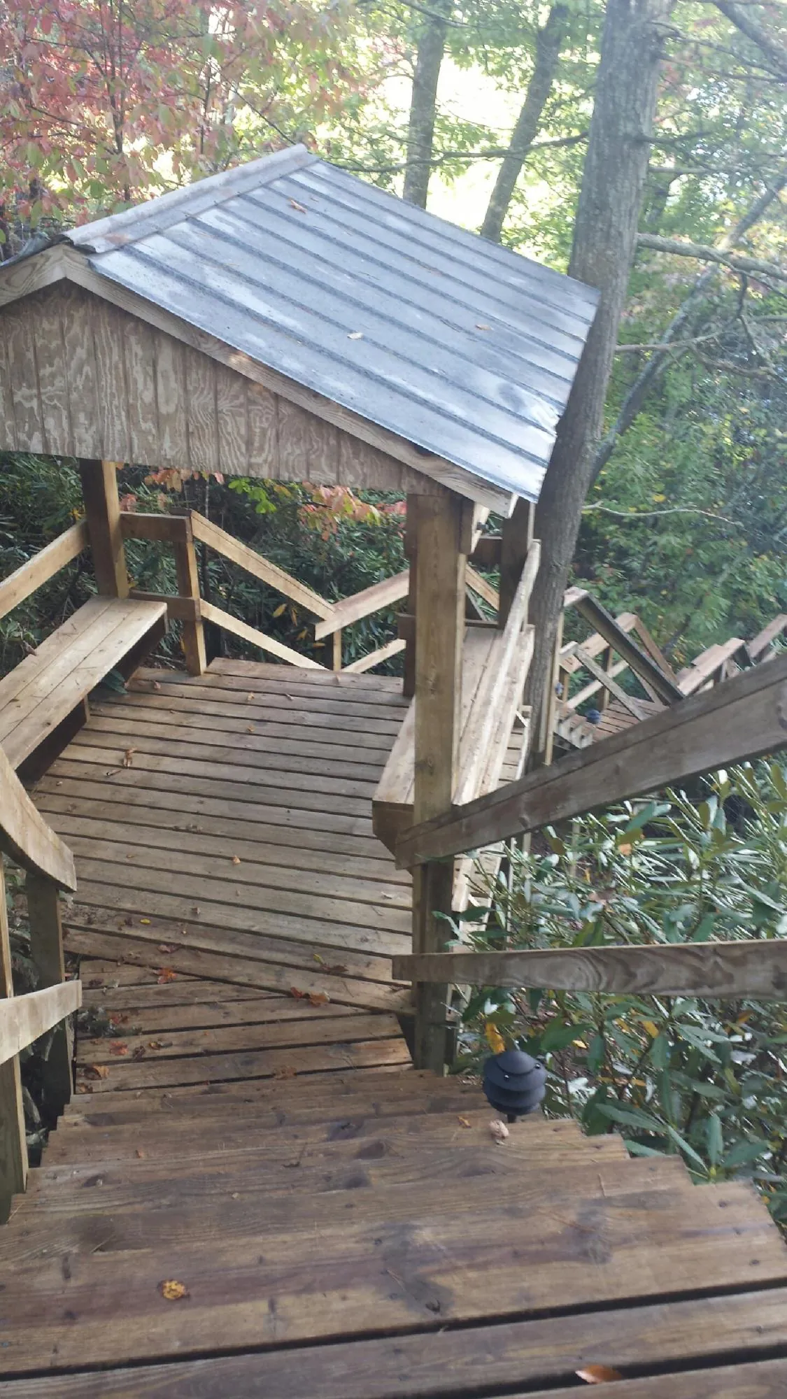 Metal roofed shelter over wooden steps on a wooded walkway — Skylight Repair & Installation work by our crew in Watonga